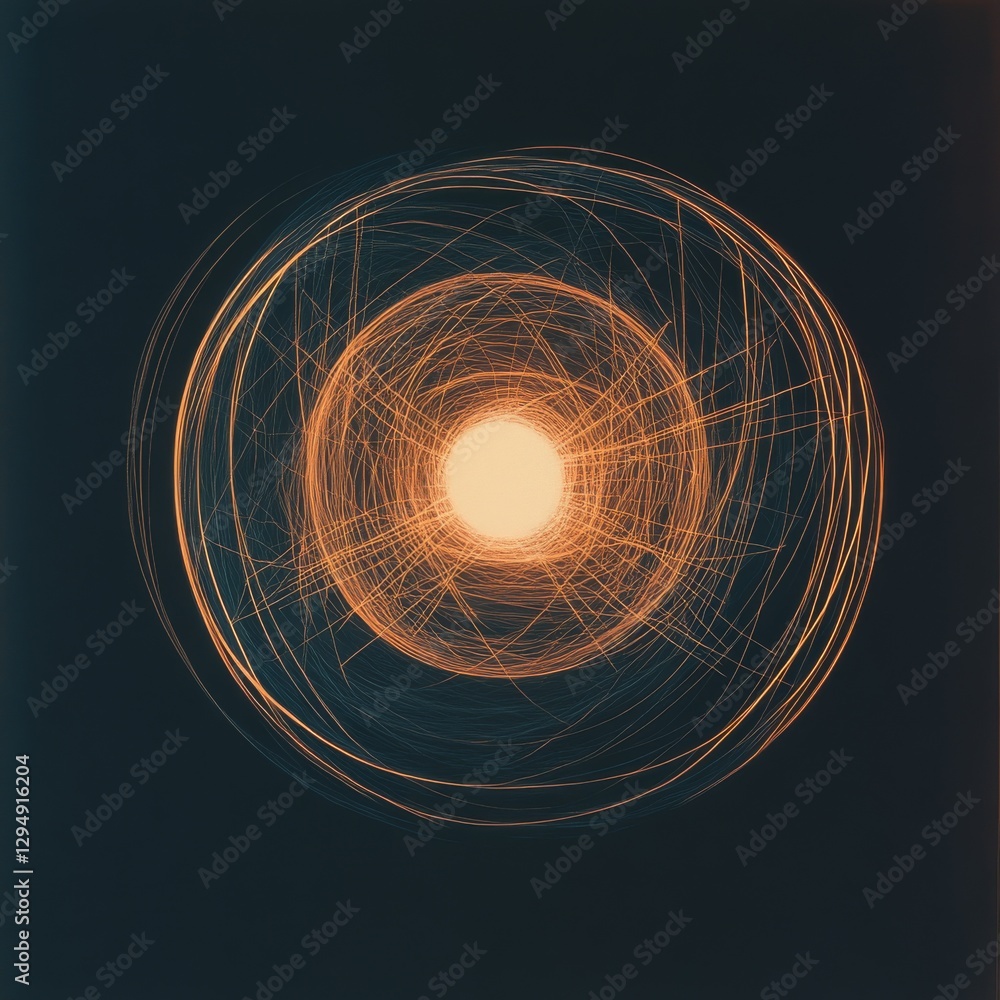 Poster abstract glowing orbit: an orange light source surrounded by swirling lines against a dark backgroun