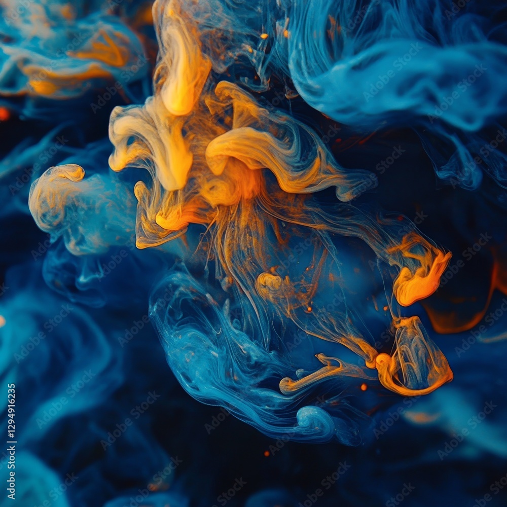Poster Abstract Oceanic Depths: A Dance of Azure and Amber Hues in Fluid Motion, Creating an Ethereal and Mesmerizing Visual Experience.