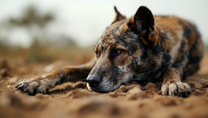 Fototapeta premium Brindle and Brown Dog Resting on Sandy Ground Outdoors