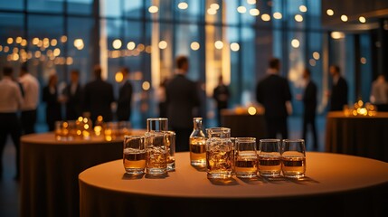 Amber Whiskey Glasses on a Round Table at a Business Social Gathering