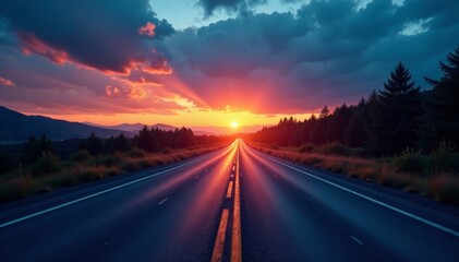 Road construction at twilight, glowing lights, cloudy backdrop, yellow, powerful