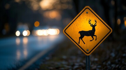 yellow diamond shaped sign features leaping deer silhouette alerting drivers about potential wildlife crossings on forested highway dusk.