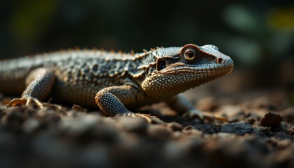 Naklejka premium Brown and Gray Lizard Basking in Sunlight on Dark Soil