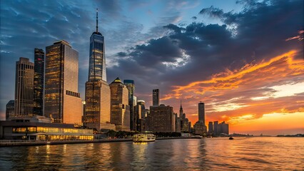 Obraz premium city skyline with towering skyscrapers silhouetted against a dramatic sunset, with vibrant hues of orange, purple, and blue filling the sky.