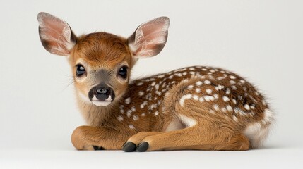 baby deer sits on pristine white background displaying its elegant golden brown coat adorned delicate white spots. Its large dark eyes and elongated legs create fragile appearance.