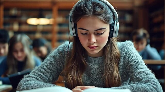 Student studying in library wearing headphones while focusing on textbook with peers nearby