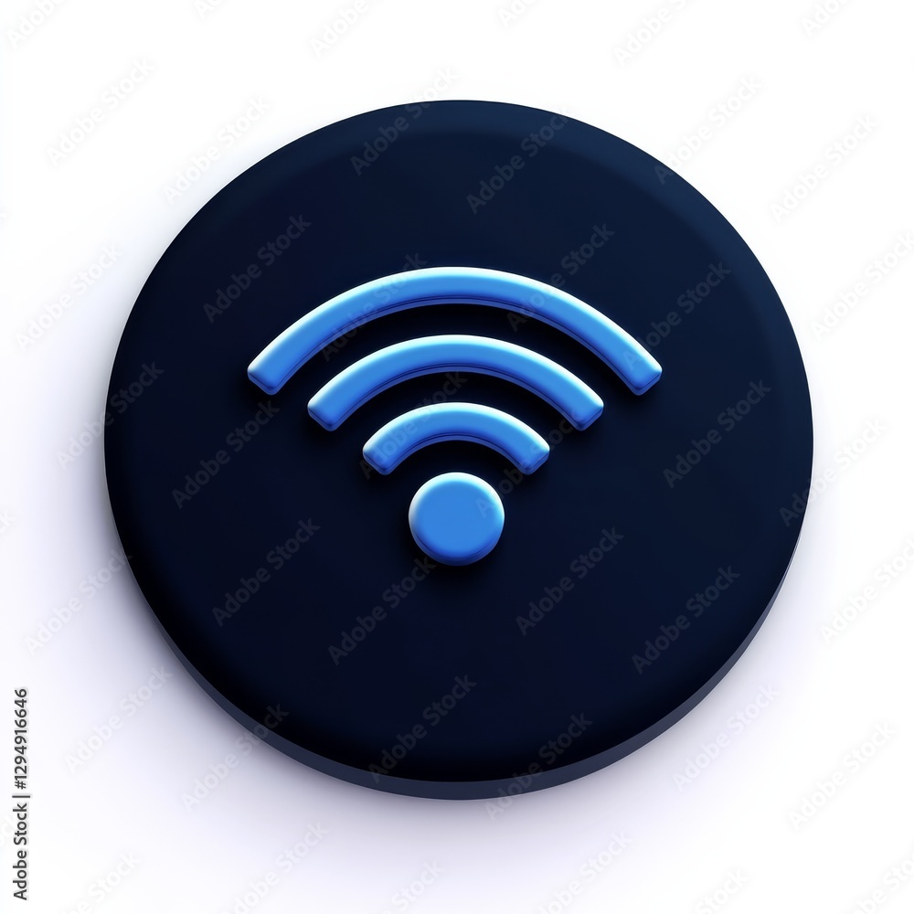 Poster Blue WiFi Symbol on Dark Circle, Isolated on White Background with Shadow, Wireless Network Connection Icon