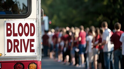 A diverse group of people lined up for a blood drive, showcasing community support and engagement in giving back.