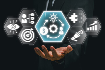 Visual representation of a business model concept with futuristic icons and technology elements,...