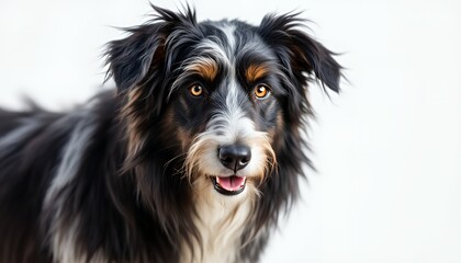 Fototapeta premium Close Up Portrait of a Tri Colored Australian Shepherd Dog Against White Background