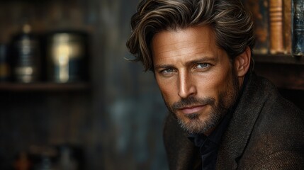 Obraz premium man classic Ivy League haircut poses in studio neatly combed top and tapered sides. Soft lighting adds warmth his striking features and minimalist background.