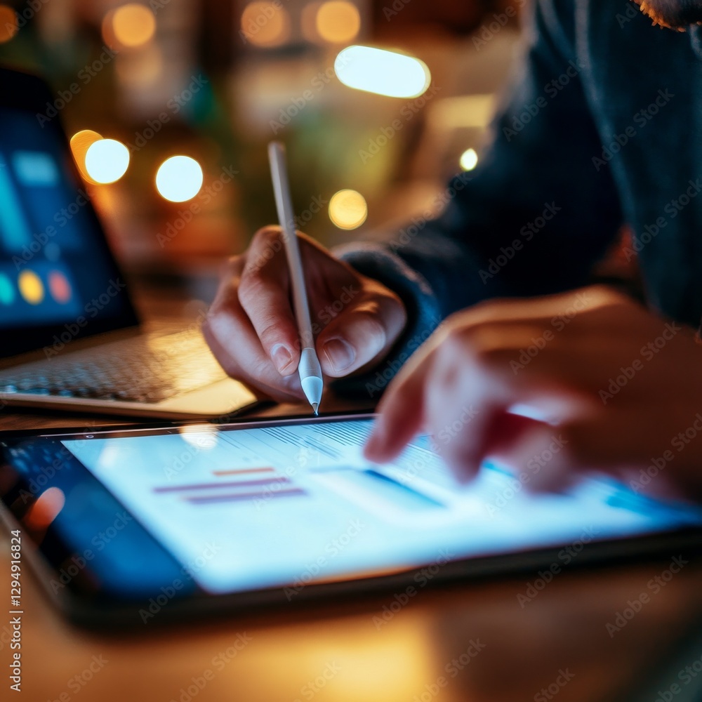Leinwandbilder close-up of a person working on a tablet with a stylus, illuminated by warm bokeh lights, focusing o