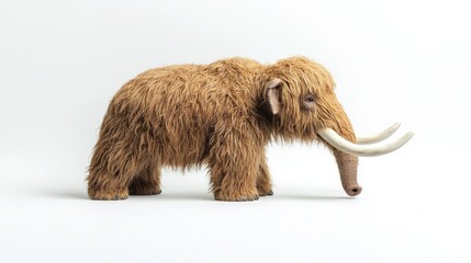 adorable baby woolly mammoth stands before white background showcasing its thick and tousled fur. Its small tusks and large expressive eyes reveal sense of curiosity and wonder.