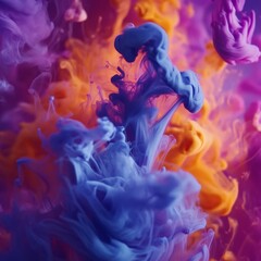 Fototapeta premium Colorful Ink Swirls: An Abstract Dance of Purple, Blue, and Orange Hues in Water - Captivating and Mesmerizing.
