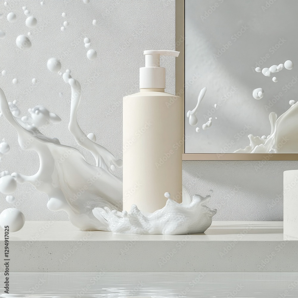 Poster cream cosmetic bottle with splashing liquid: minimalist product display on white surface with mirror