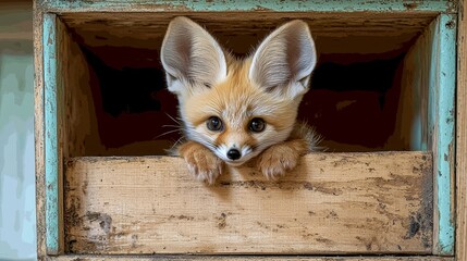 tiny fennec fox cub sits curiously on edge of rustic wooden box its large ears twitching as it listens. soft golden fur adds its adorable charm.