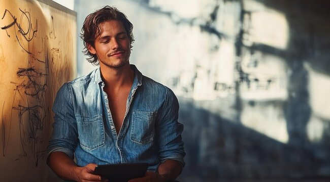 Confident Asian Man in Denim Shirt Leaning Against Wall in Modern Office