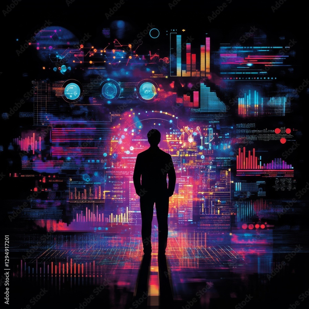 Poster Data Visualization and the Future: Silhouette of a Figure Amidst Complex, Abstract Graphs and Networks