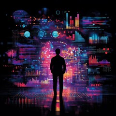 Fototapeta premium Data Visualization and the Future: Silhouette of a Figure Amidst Complex, Abstract Graphs and Networks