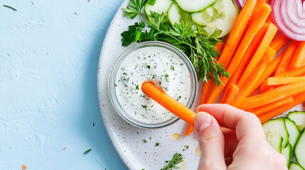Fresh crudites platter with hand reaching for carrot stick and creamy herb dip