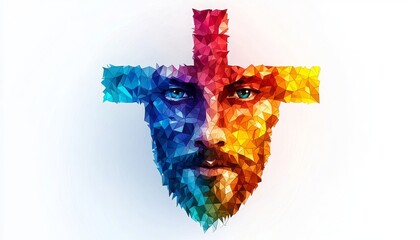Colorful Geometric Portrait of a Man with a Cross Symbol in a Modern Art Style