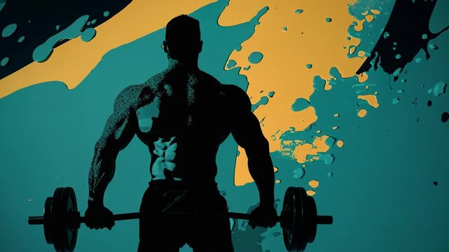 Silhouetted bodybuilder lifting weights, viewed from behind. Dynamic splashes in the background create a powerful, energetic video game style.