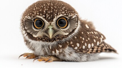 Obraz premium small baby owl sits on pure white background its round golden eyes wide curiosity. Fluffy downy feathers and tiny talons create adorable portrait of innocence.