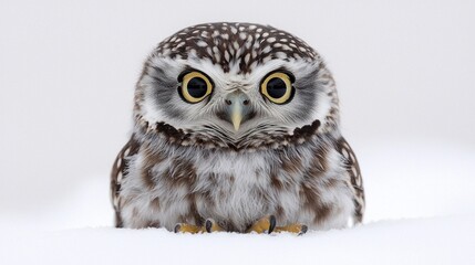 Obraz premium adorable tiny baby owl sits on pure white surface showcasing its fluffy downy feathers and large round golden eyes filled curiosity creating captivating scene of innocence.