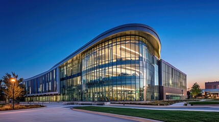 Modern glass building at dusk.