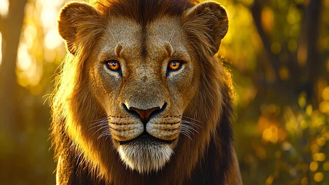 Majestic lion portrait, sunset savanna, Africa, wildlife documentary