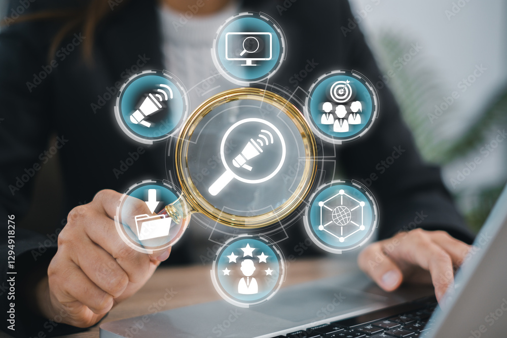Poster visual representation of search engine marketing with digital icons and a business professional usin