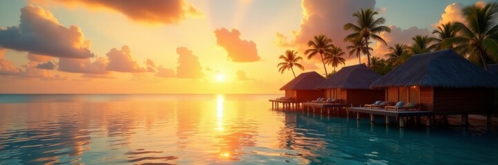 Golden sunset, overwater bungalows, palm trees, calm lagoon, sea, clouds, water villas