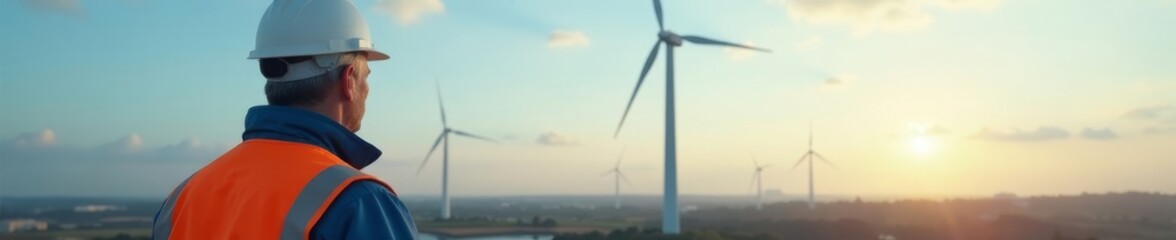 Grey-haired engineer near towering wind turbine , blades, energy transition, electricity