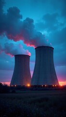 Imposing gas turbine power plant at twilight, blue hour hues , industrial landscape, details