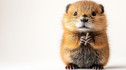 Fototapeta premium charming baby beaver displays its fluffy brown fur and tiny webbed feet while curiously holding twig. clean white background highlights its round black eyes and playful demeanor.