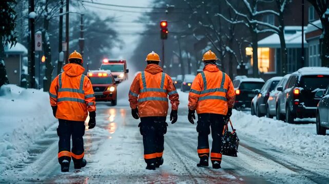 Rescue workers navigate snowy streets during winter storm in urban area while assisting stranded vehicles