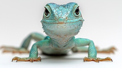 Fototapeta premium baby basilisk lizard stands confidently its head frill raised. green scales glimmer showcasing its water running toes against plain white background.