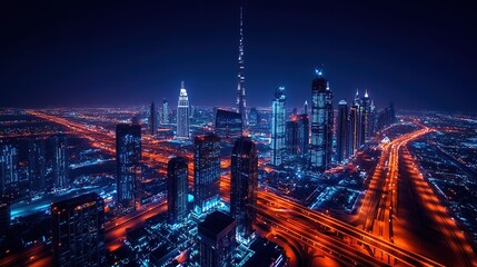 Fototapeta premium Night City Skyline Aerial View with Bright Lights and Modern Architecture
