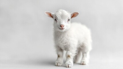 Fototapeta premium baby goat stands confidently on white background its fluffy white fur and tiny horns highlighting its playful nature as it readies itself leap.