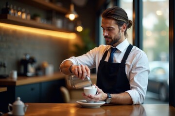 Sleek android waiter pours coffee, cafe setting, android, tray