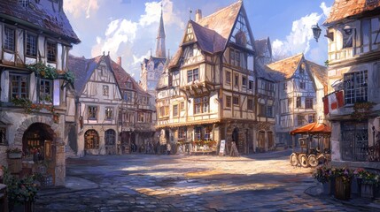 Obraz premium Sunny medieval town square with timber-framed houses, cobblestone streets, and market stalls.