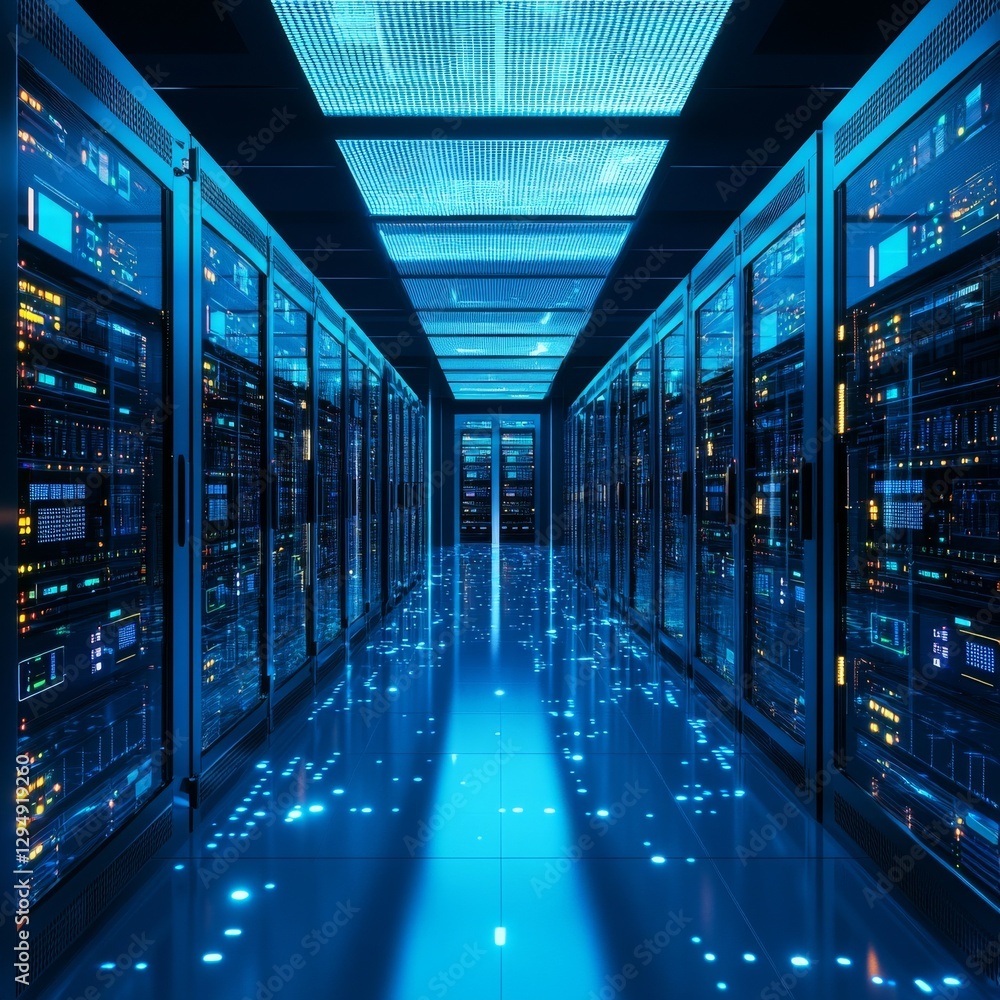 Aufkleber server room corridor: illuminated data center with rows of servers, high-tech infrastructure, and bl