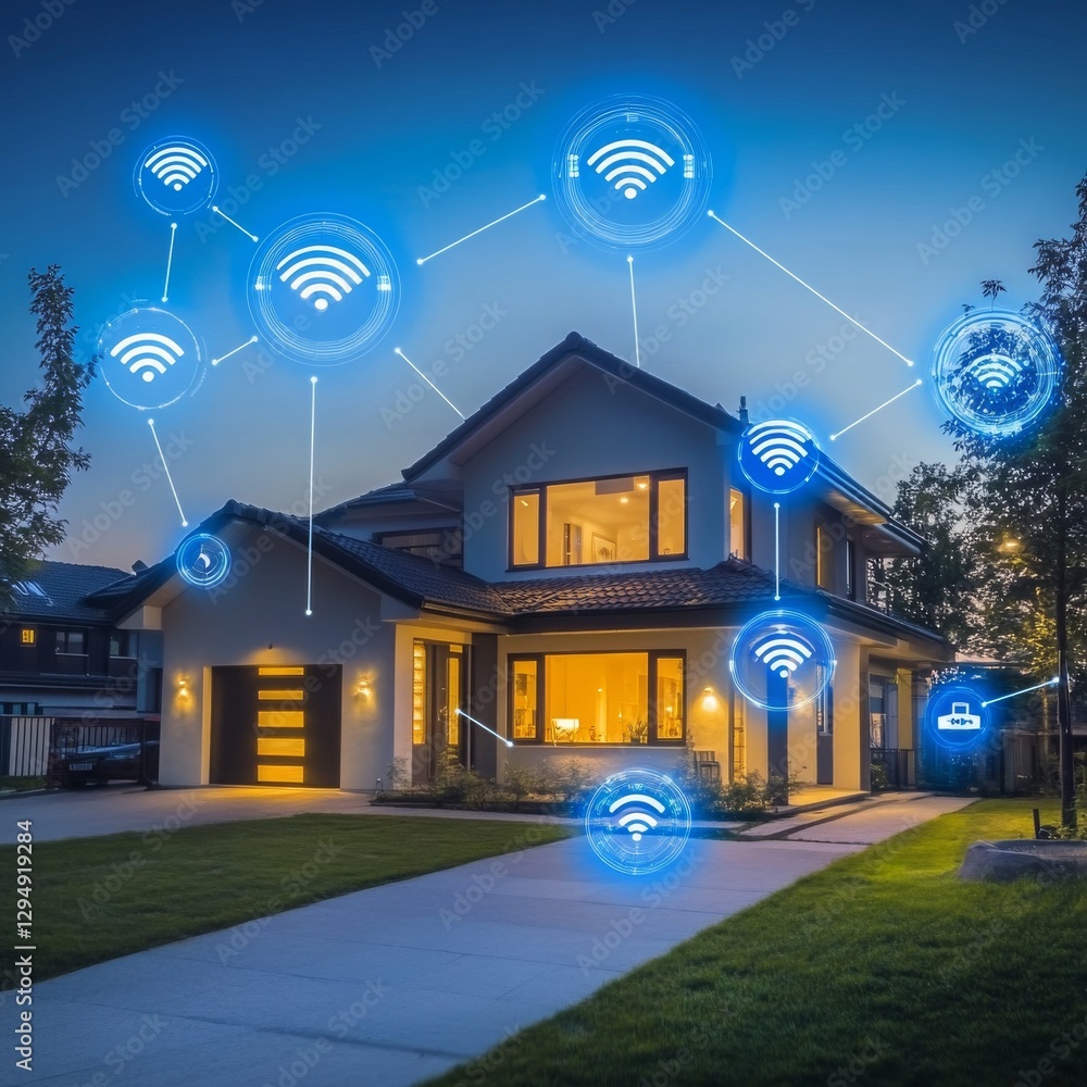 Aufkleber Smart Home Network:  Modern House with Connected Devices and Wireless Internet Coverage at Dusk