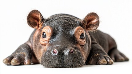 Obraz premium baby pygmy hippo lies comfortably on white surface its smooth gray skin shimmering. Its round ears twitch and big eyes convey sense of wonder and charm captivating all who see it.