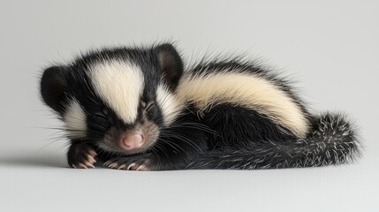 Fototapeta premium baby striped skunk rests peacefully on white surface its black and white markings vivid against soft fur and tiny tail fluffing up in defense as it sleeps.