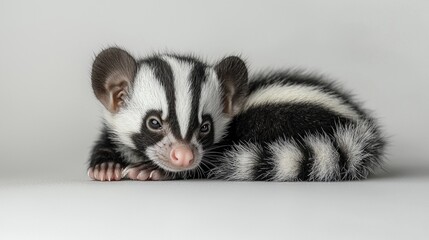 Fototapeta premium Curled up on soft white surface baby striped skunk displays its vibrant black and white markings while fluffing its tiny tail defensively.