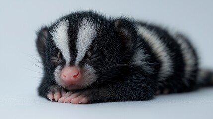 adorable baby striped skunk rests peacefully its tiny tail fluffed up defensively. stark black and white fur contrasts beautifully against soft white background.