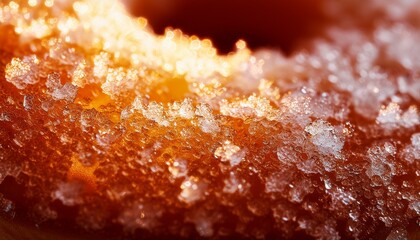 Fototapeta premium Ultra macro of sugar crystals on a freshly baked donut, sparkling in warm light, highlighting their intricate structure and adding a delicious, mouthwatering texture.