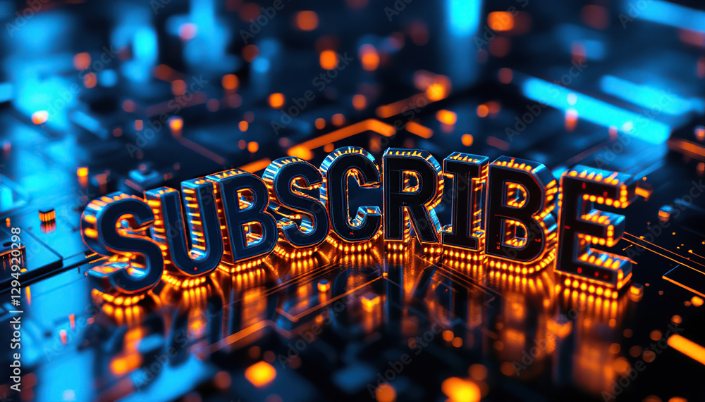 Poster glowing subscribe button on tech background digital marketing image