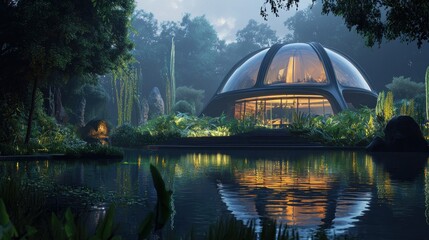 Fototapeta premium Futuristic dome house nestled in lush forest, reflecting on calm lake at twilight.